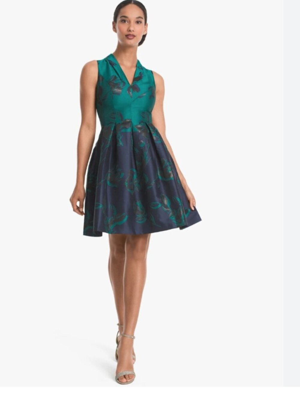 Vince Camuto Jacquard sleeveless green Retro Metallic V neckline Pockets! sz 8